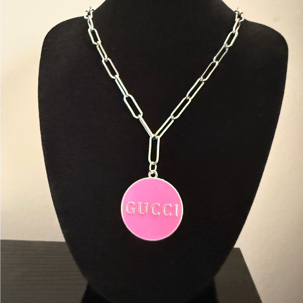 Silver Link Necklace with Pink Enamel Logo Pendant
